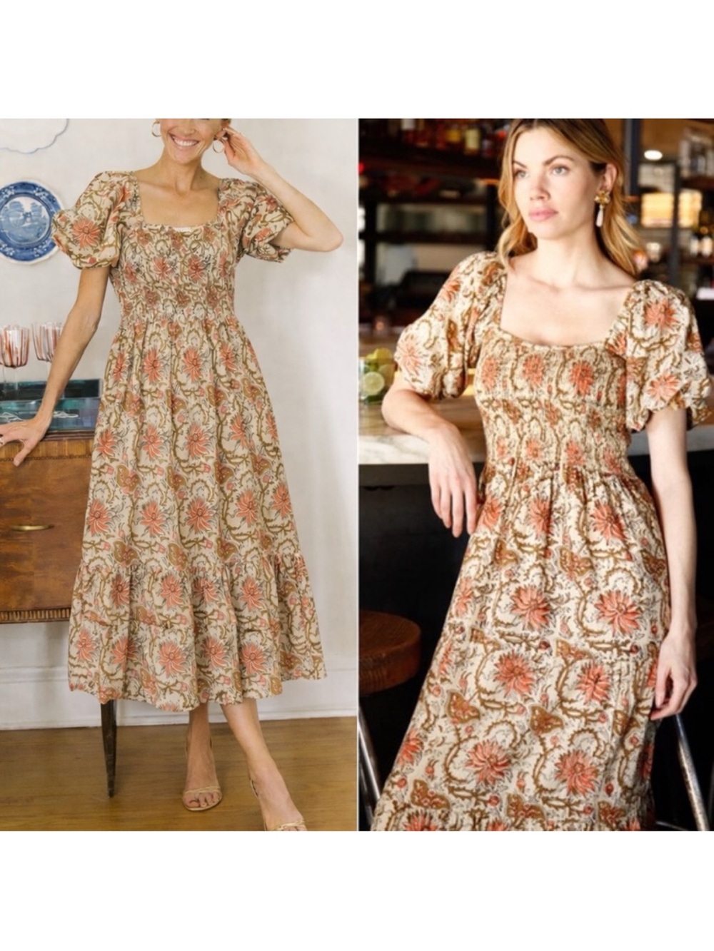 Anna Cate Mae Midi Puff Sleeve Floral Smocked Dress Coral Floral